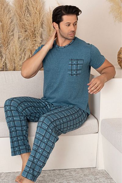 Farya Home Cotton Pocket Detailed Patterned Short Sleeve Knitted Men's Pajama Set