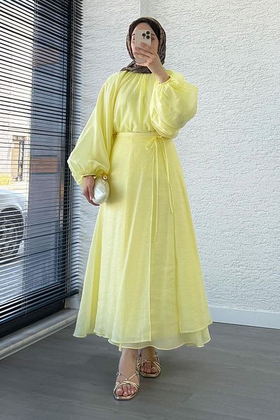 MELEK ARAZ Vuala Tie Blouse Skirt Set-Yellow