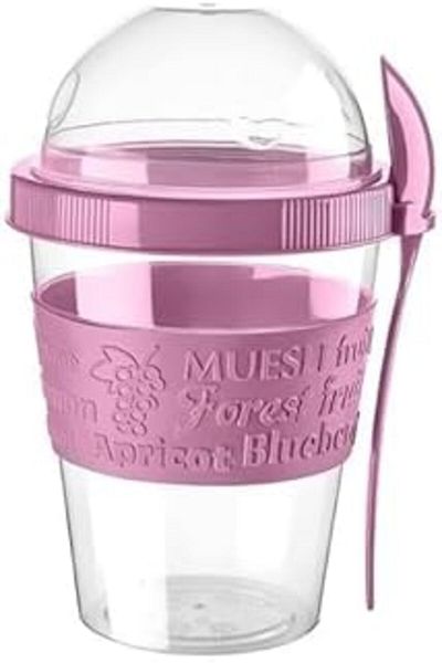 ÇAĞUR Yogurt Container with Lid and Spoon, Ready-To-Go Yogurt Container, Granola Muesli Container 600 ml (Pink)