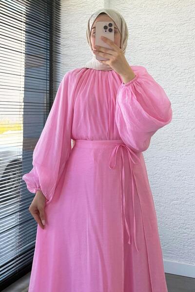 MELEK ARAZ Vuala Bağlamalı Bluz Etek Takım-Pembe