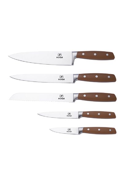 Parfait High Quality Kitchen Knife Set with Leather Stand Silver and Brown