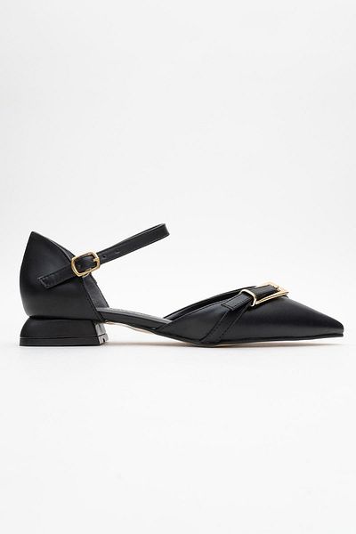CCWAY AYAKKABI Pointed Toe Buckle Thick Heeled Women's Heels Black Skin