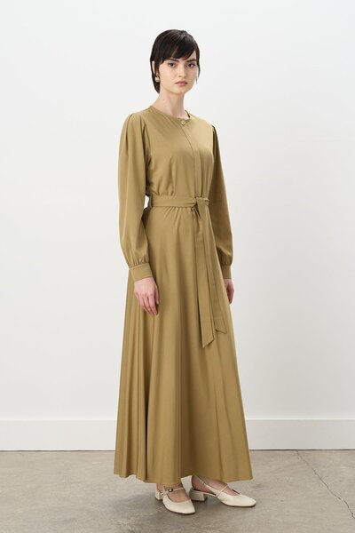 Nihan Düğmeli Kuşaklı Viskon Elbise Olive