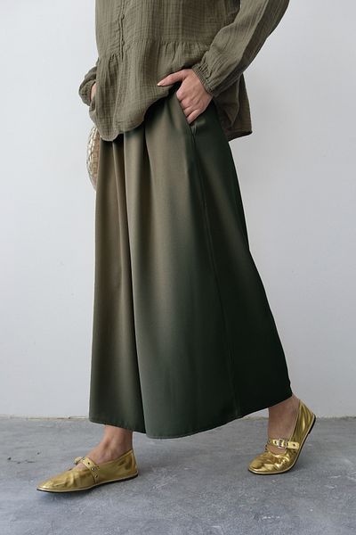 Hatun Atila Wide Cut Flared Double Crepe Trouser Skirt with Elastic Waist - Khaki