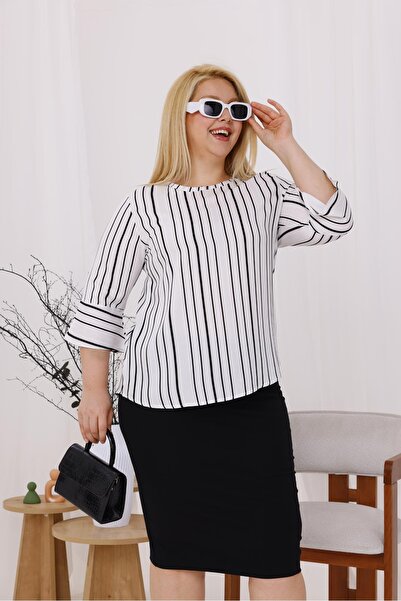Siyezen Plus Size Striped Flared Sleeve Blouse