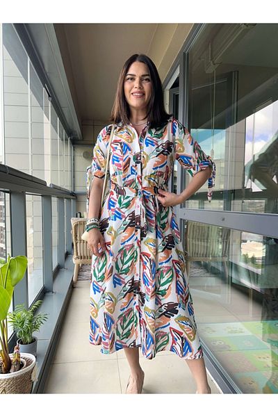 Elif Özbey Butik Λινό φόρεμα με πολύχρωμο σχέδιο