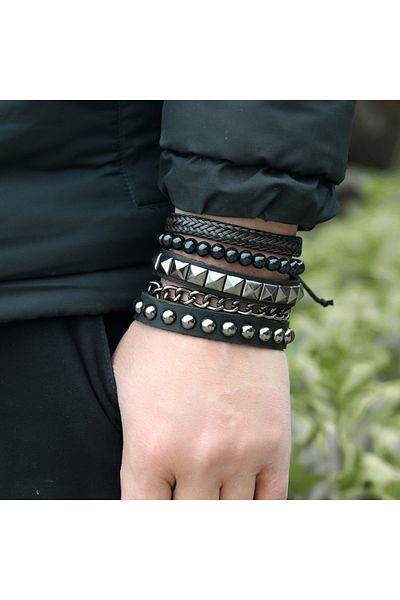 Tessero Set bratari din piele naturala si piatra semipretioasa, model Punk, marime reglabila, Tessero, negru