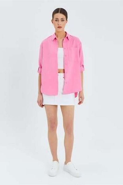 Mixray 9942 Women's Oxford Long Sleeve Basic Shirt Candy Pink