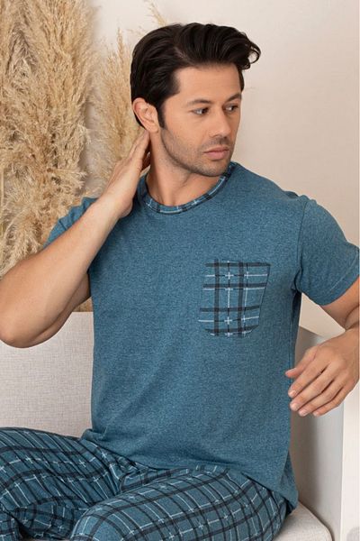 Farya Home Cotton Pocket Detailed Patterned Short Sleeve Knitted Men's Pajama Set