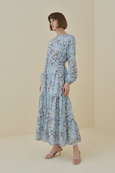 Nihan Çiçek Desenli Eteği Büzgülü Empirme Elbise Mint