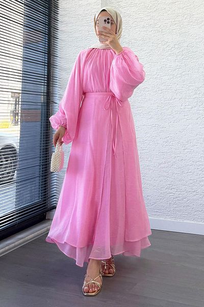 MELEK ARAZ Vuala Tie Blouse Skirt Set-Pink