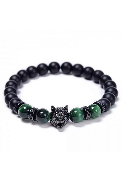 Tessero Elastic Bracelet with Semi-Precious Stones, Tiger Eye, Wolf Head Design, Charms with Black Zirconium