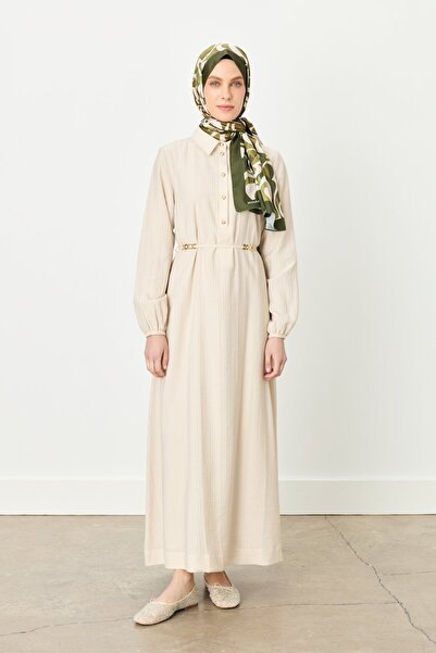 Nihan Kolları Lastikli Önden Düğmeli Gömlek Yaka Viskon Elbise Bej