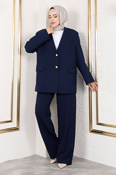Tesettür Dünyası Gold Blazer Suit Tsd250198 Navy Blue