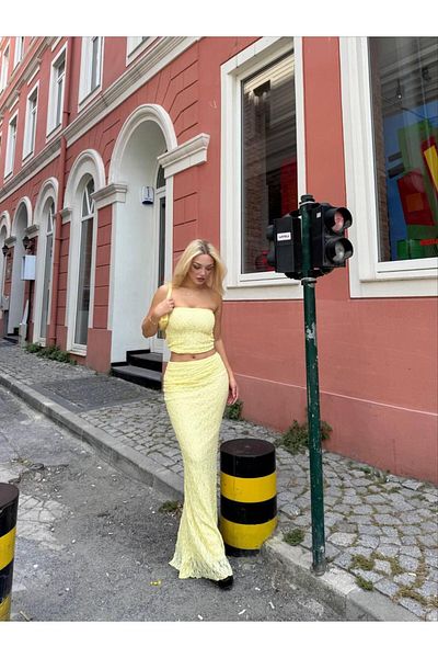 VibeGaia Set crop top și fustă lungă pentru femei, galben lămâie, cu dantelă, fără bretele