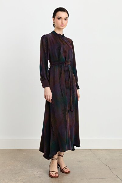 Nihan Premium Büzgü Detaylı Şık Cupra Elbise Mor