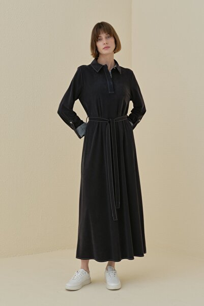 Nihan Gömlek Yaka Kol Detaylı Örme Elbise Siyah