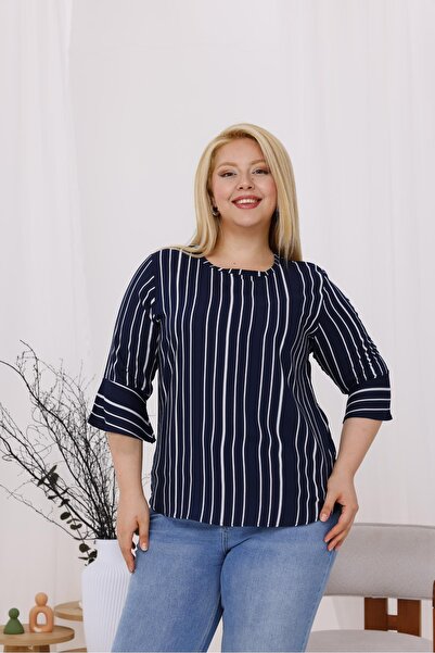 Siyezen Plus Size Striped Flared Sleeve Blouse