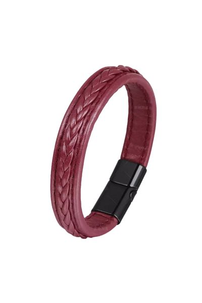 Tessero Genuine leather bracelet, braided pattern with stitching, magnet clasp, 20 cm, Tessero, red