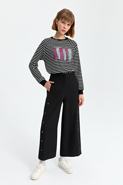 Nihan Düğme Detaylı Bol Paça Pantolon Siyah