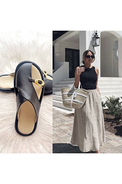 labor Selection Genuine Leather Semi Closed Buckle Slippers Black