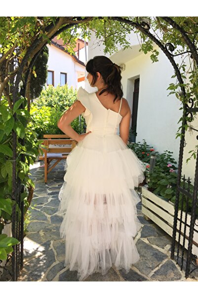 Erkut Girl's One Sleeve Detailed Tulle Skirted Tail Evening Dress