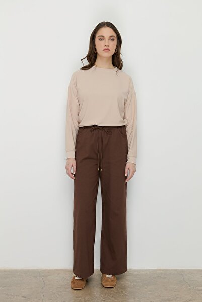 Nihan Beli Lastikli Bol Paça Kanvas Denim Pantolon Kahve