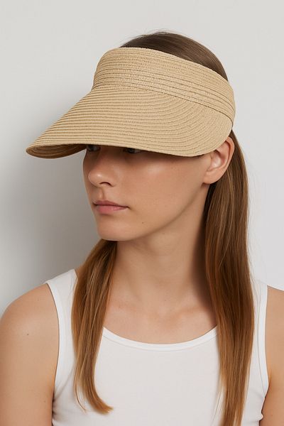 CosmoOutlet Women's Beige Straw Wide Visor Adjustable Summer Sunscreen Visor Beach and Sports Hat