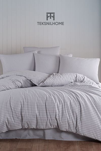 TeksNil Home 100% Cotton Gray Natural Stripe Duvet Cover Set 3 Pieces (Double)