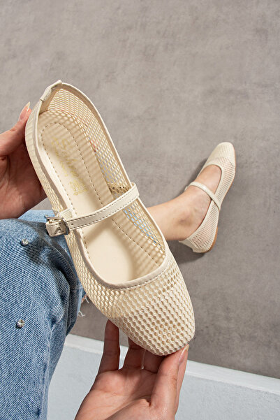 STOCON Beige Mesh Round Toe Luxury Women's Ballerinas Summer Ballerinas Stc1120