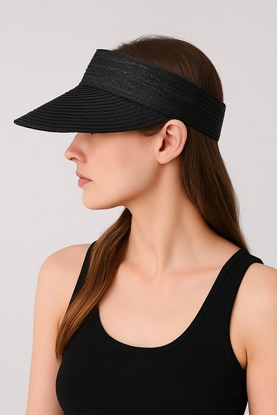 CosmoOutlet Women's Black Straw Wide Visor Adjustable Summer Sunscreen Visor Beach and Sports Cap