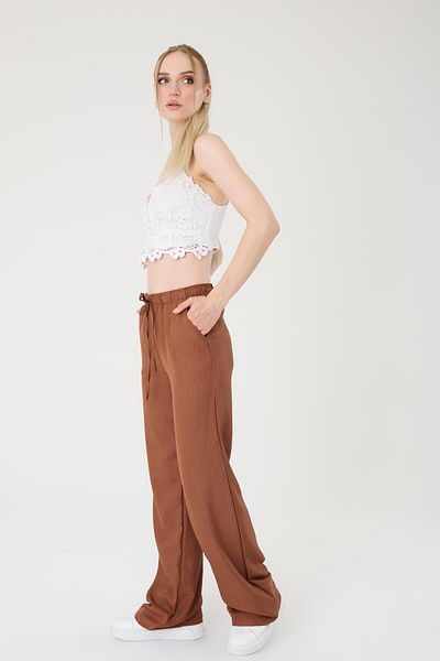 Hazel Women's Brown Linen Blended Loose Cut Trousers