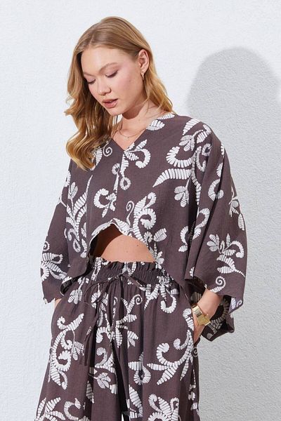 MODAMOR Flower Patterned Linen Kimono & Pants Double Set