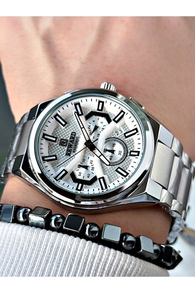 Reward وظائف اللون الفضي ساعة يد رجالية من الفولاذ النشط + هدية سوار