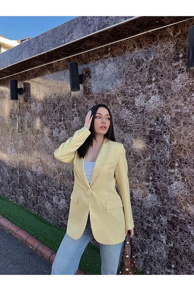 BUTİK ELAJ Women's Yellow Linen Single Button Blazer Jacket