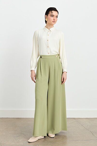 Nihan Gold Düğmeli Bol Paça Pantolon Yeşil