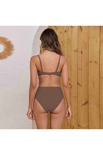 Eros Zone Premium Desert Glam 2-piece swimsuit, high waist bikini with gold details, size S, brown-beige