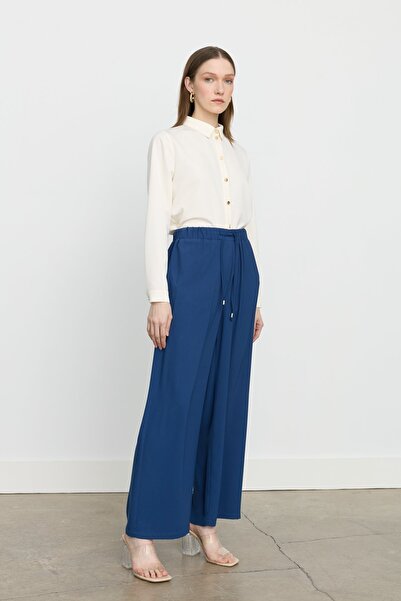 Nihan Beli Bağcıklı Bol Pantolon İndigo
