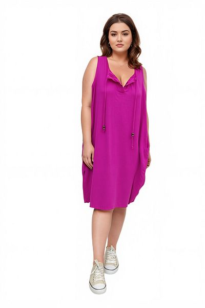 Modasultan Zero Sleeve Back Pleat Detail Double Pocket Collar Lace up Midi Length Muslin Linen Dress