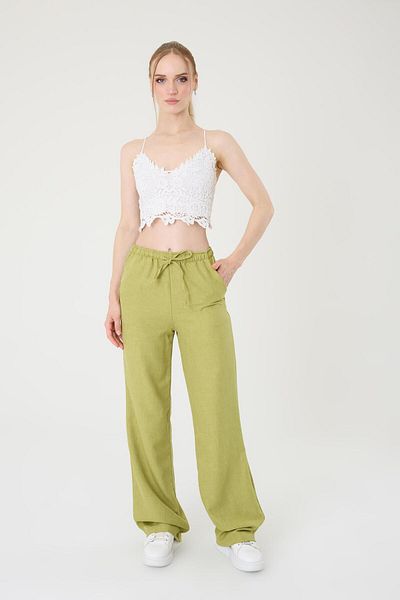 Hazel Women's Oil Green Linen Blend Loose Cut Trousers