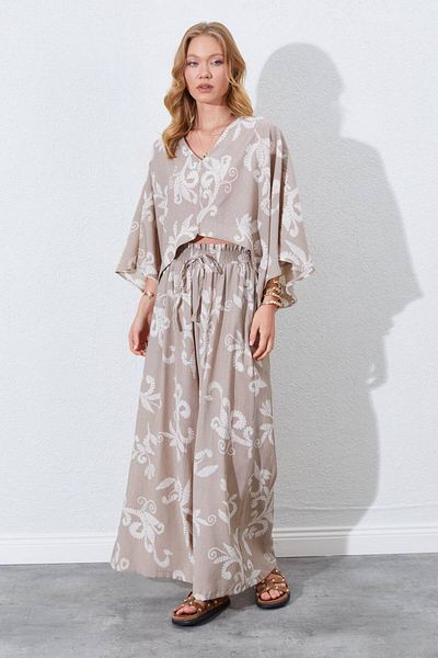 MODAMOR Flower Patterned Linen Kimono & Pants Double Set