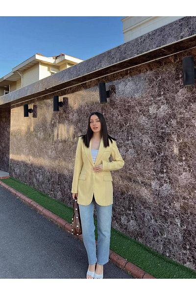 BUTİK ELAJ Women's Yellow Linen Single Button Blazer Jacket