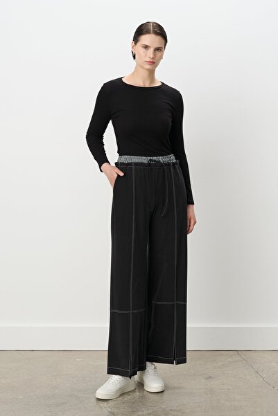 Nihan Bel Detaylı Bol Paça Örme Pantolon Siyah