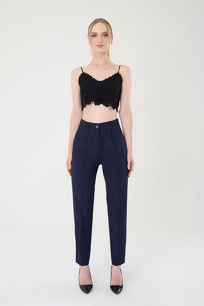 Hazel Women's Navy Blue Slim Fit Fabric Trousers