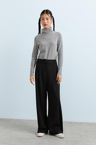 Nihan Çizgili Palazzo Pantolon Siyah