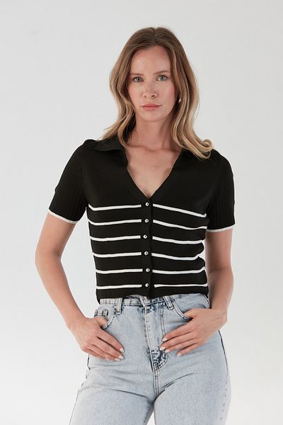 Fulla Moda Πλεκτή μπλούζα με γιακά πόλο με ριγέ κουμπιά