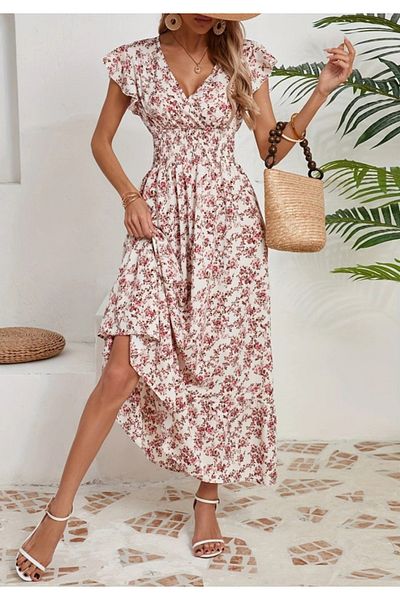 Little Visqon Women Short Sleeve Double Breasted Lapel Elastic Waist Floral Print Dress