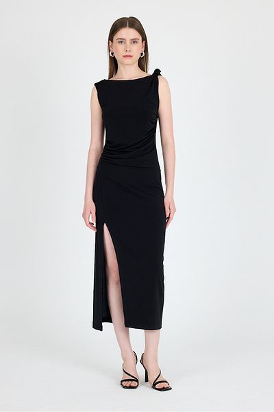 Rays Black Slit Detailed Drape Strap Midi Dress 241733