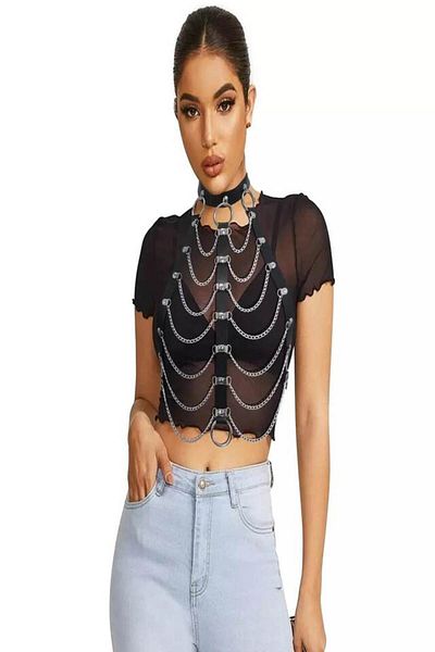 Tessero Lenjerie sexy din piele de dama, model tip ham cu choker si lanturi, marime universala, Tessero, neg