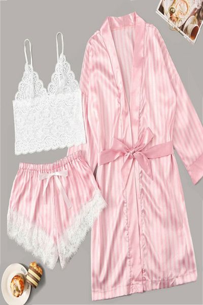 Tessero Sexy nightwear pajama set with robe, striped satin and lace pattern, 3 pieces, bustier and pants